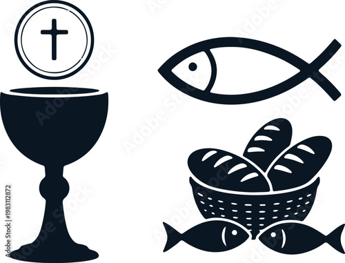 Christian symbols including chalice, fish, bread, and host during communion