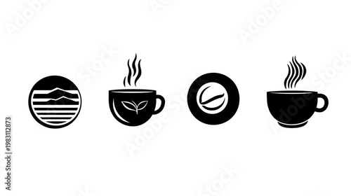 Collection of stylized black and white coffee and tea related elements on a pure white background