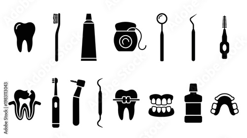 Dental care tools and equipment icons.