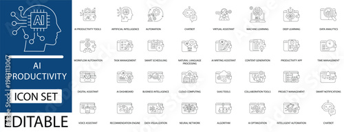 AI productivity icon set including artificial intelligence, chatbot, machine learning, automation, and data analytics line icons. Professional editable vector for smart tools.