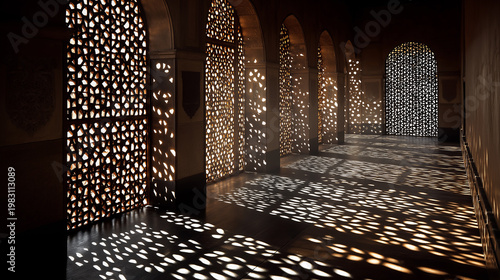 A dimly lit hallway with arched ceilings features intricate light patterns cast by perforated screens on the walls.