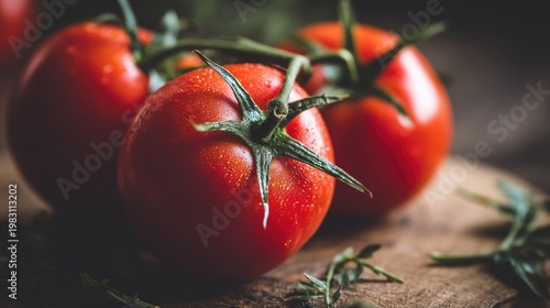 Fresh Red Tomatoes with Green Stems on Wooden Surface