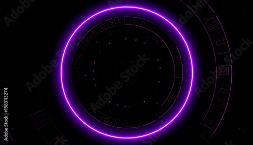 A purple-lit circle on a black background with a white section below
