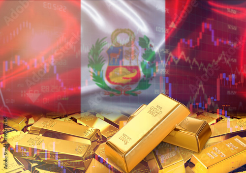 Gold bars on Peruvian flag in background. Gold bars stacked on Peruvian flag. Concept of Peru gold reserves