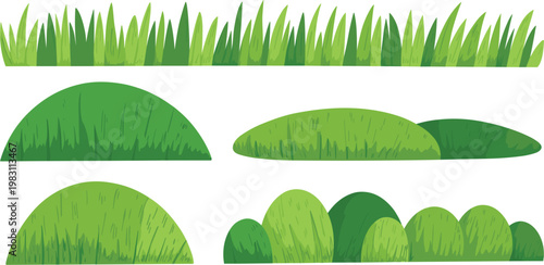 Grass elements set, green lawn patches and bushes, nature landscape vector illustration collection isolated