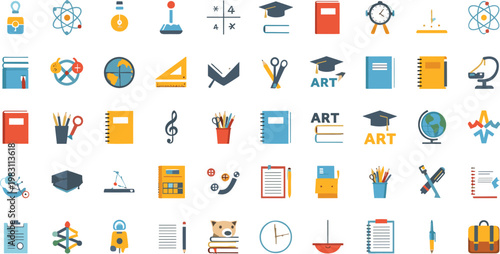 Education icons set with school subjects science art math and classroom supplies isolated on transparent background colorful learning vector illustration collection