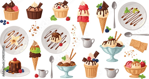 Decadent Desserts with Ice Cream, Cupcakes, Chocolate, and Toppings for Sweet Treats and Dessert Lovers Illustration