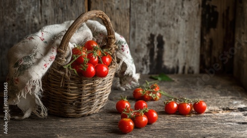 Fresh Cherry Tomatoes in a Rustic Basket on Wooden Surface