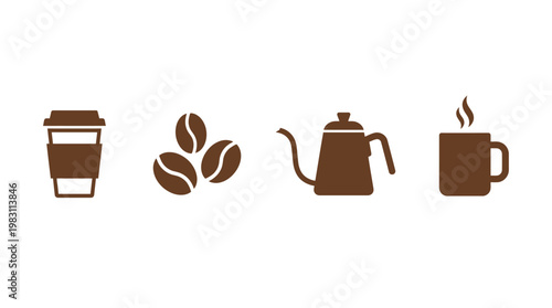 Brown coffee cup and beans icons.