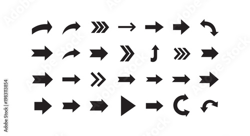 Large set of black arrow icons and pointers for navigation web interface design and directional signage visual elements.