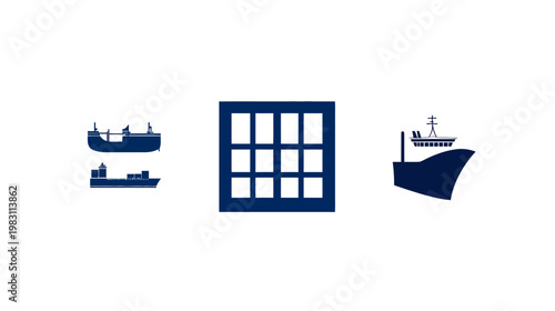 Three navy blue graphics, including two ships, a window-like shape, all set on a white background