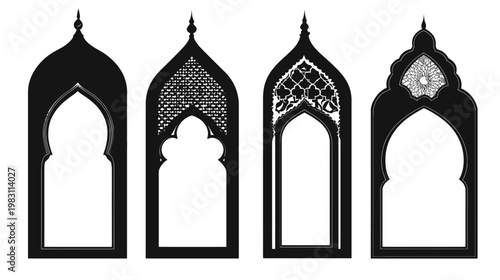 Four stylized archways in black, each with different designs on their tops and intricate patterns