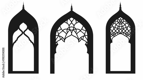 Three stylized, intricate archways in black with various ornate patterns
