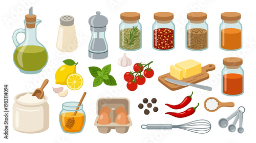 Food ingredients and kitchen tools.