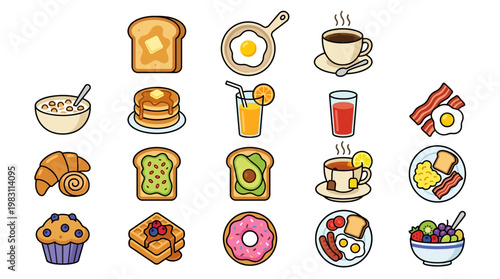 Colorful breakfast food icons on white.