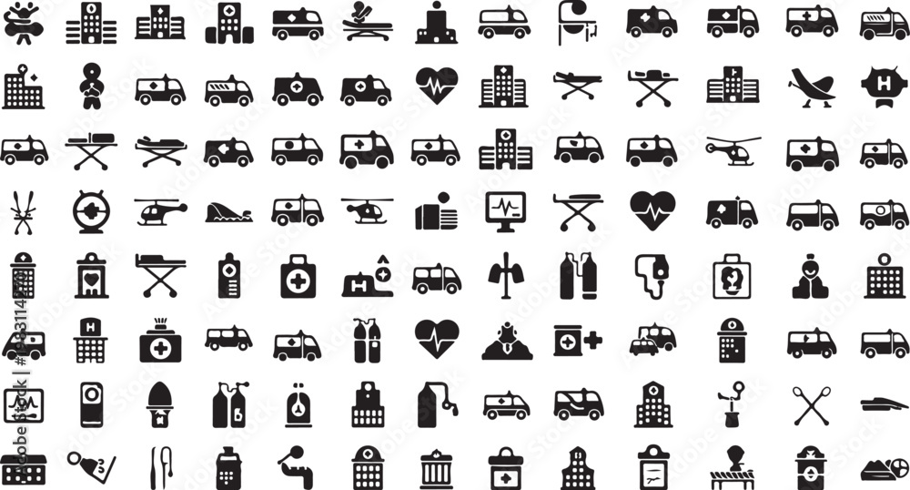 Obraz premium Black icons set, 100+ business, travel, and object symbols, vector graphics