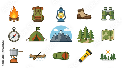 Camping icons and travel symbols.