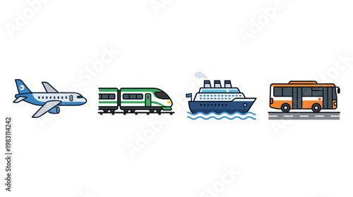 Airplane train ship bus transportation icons.