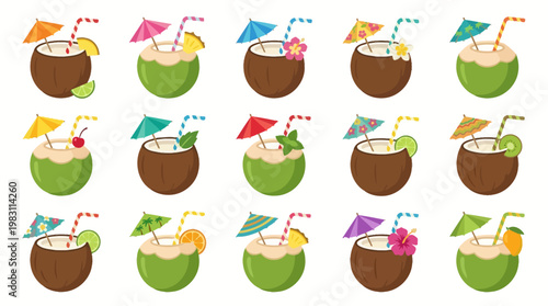 Coconuts with colorful umbrellas and straws.
