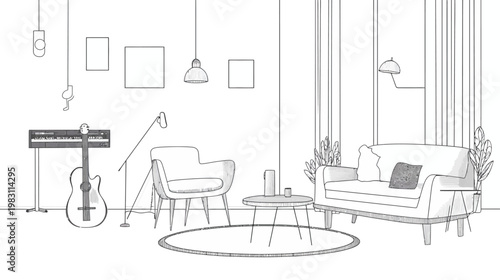 Monochrome interior illustration featuring musical instruments, furniture, and a rug