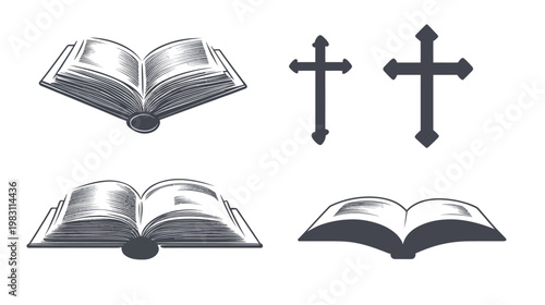 Artistic vector illustration with open books and crosses, rendered in grayscale. Simple religious theme