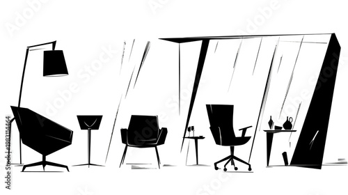 A monochrome illustration of an interior with furniture chairs, table, lamps and decor
