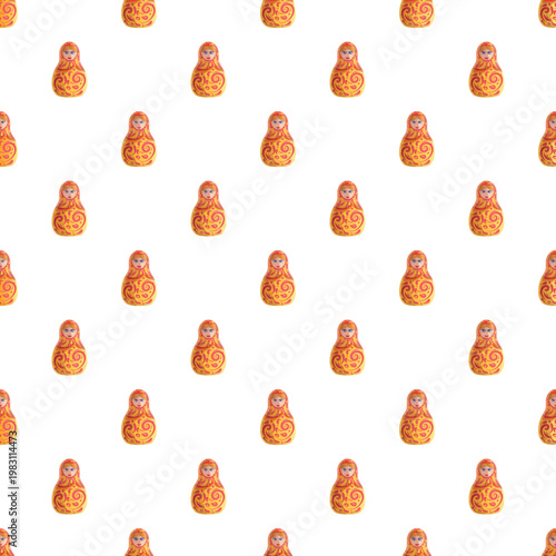 Matryoshka dolls repeating on a white background, creating traditional russian folk art pattern