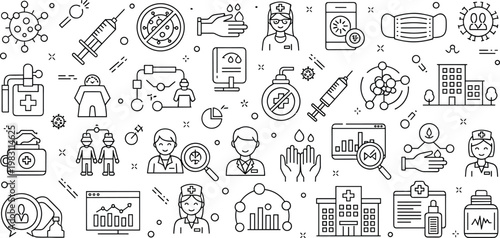 Healthcare and medical services line icons with doctors vaccines hospitals and analytics isolated on transparent background vector illustration set