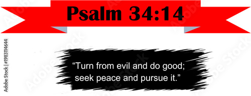 Psalm 34:14 Bible Verse Banner Red Ribbon Black Brush Stroke Quote Scripture Christian Religious Graphic Design Element Vector Illustration Transparent Background