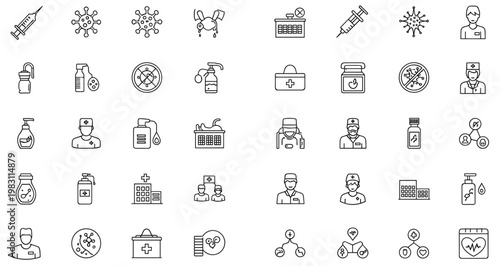 Medical and healthcare line icons set with vaccines doctors viruses and treatment symbols isolated on transparent background vector illustration collection