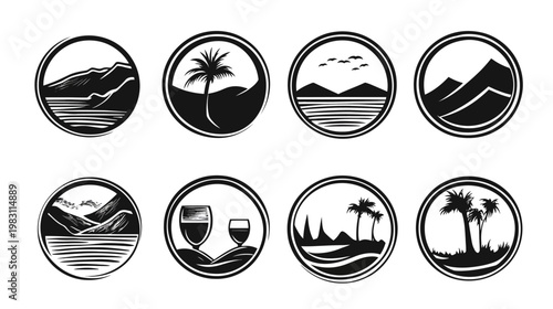Black and white circular landscape illustrations, including mountains, palm trees, birds, wine glasses, and water