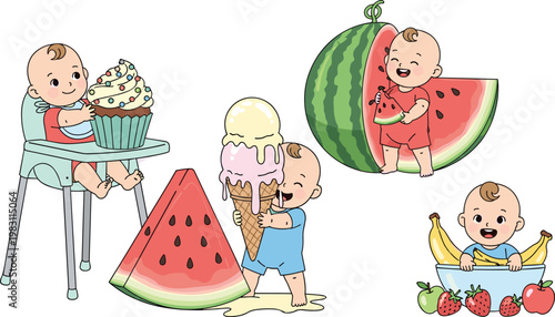 Cute Babies Enjoying Ice Cream, Cupcakes, and Fruits, Fun and Sweet Treats Illustration for Children’s Food and Snack Designs
