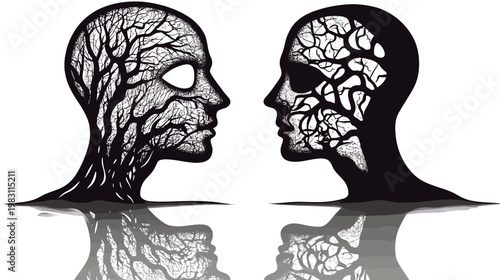 Two heads with tree-like interiors and reflections, symbolizing connection and nature
