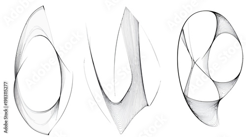 A series of three abstract shapes, each with lines and curves in shades of gray on white