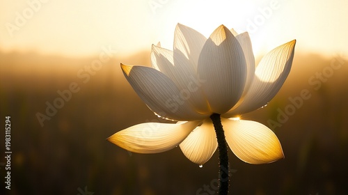 affiliation. Single lotus flower in bloom at sunrise, morning dew on petals, soft natural backlight, serene. gardening catalogs, home-decor guides, designed for gardening and botanical catalogs.