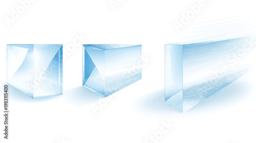 Three geometric shapes rendered in shades of blue. Features soft shadows on a white background