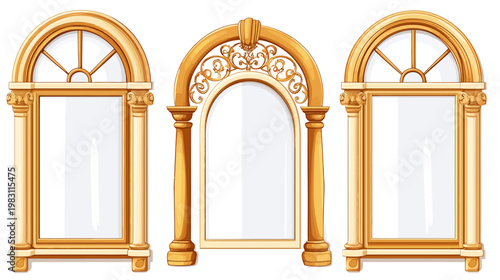 Illustration of three golden arched frames with white centers, ornate details and columns