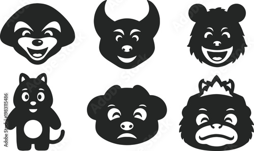 Six whimsical cartoon animal faces displaying a range of playful expressions