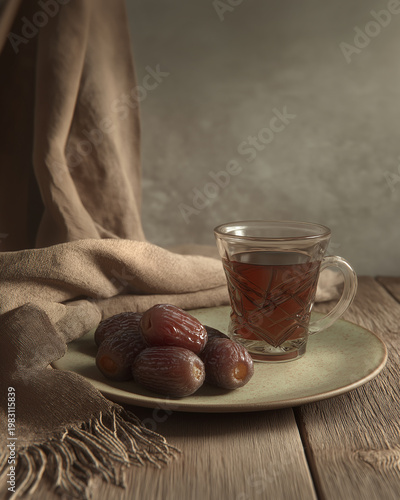 A glass of tea with a patterned design sits on a light green plate next to a pile of dates, with a beige scarf draped over the table.