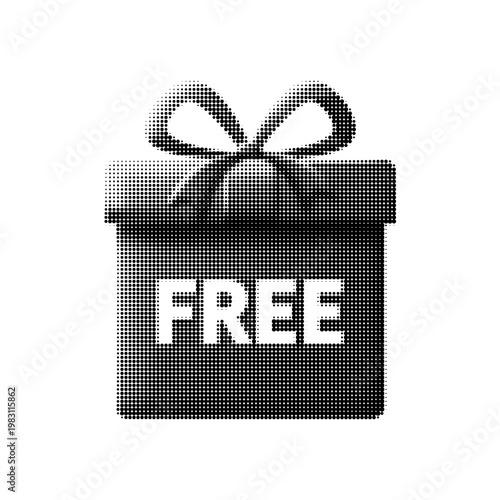 Gift box with free label, promotion concept. Black vector illustration of present, discount, giveaway, marketing offer and sale icon.