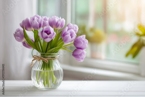 A glass vase with a twine tie holds purple tulips on a white windowsill, with a blurred outdoor scene visible through the window.