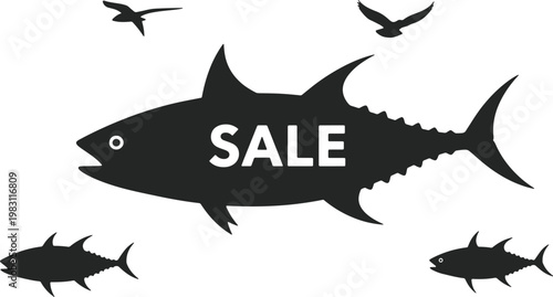 Black and white graphic of tuna fish with sale indication and birds flying above