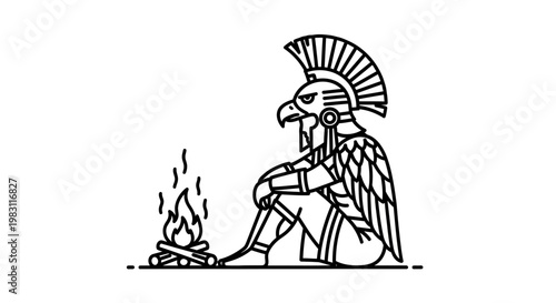 Ancient Egyptian deity Horus sitting by campfire, minimalist line art