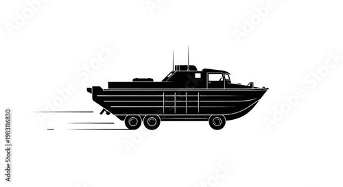 Amphibious Vehicle Silhouette Moving Fast on White Background, Vector Illustration