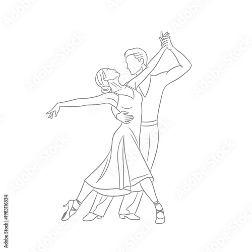 Line art ballroom dance couple, waltz illustration, dancing pair, vector graphics
