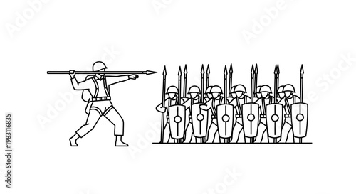 Ancient soldier throwing spear at formation, historical battle scene, vector illustration