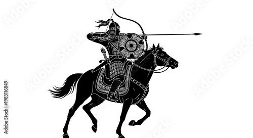 Ancient Warrior Archer on Horseback, Silhouette of Warrior with Bow and Arrow, Historical Battle Scene