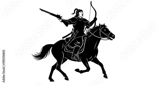 Ancient Warrior Archer on Horseback in Battle Pose, Silhouette