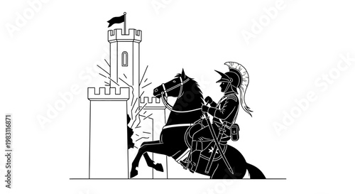 Ancient Warrior on Horseback Attacks Castle Tower with Sword, Black and White Illustration