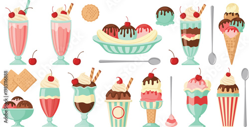 Classic Ice Cream Sundaes, Milkshakes, and Cones with Cherries, Syrup, and Biscuits for Sweet Treats Illustration